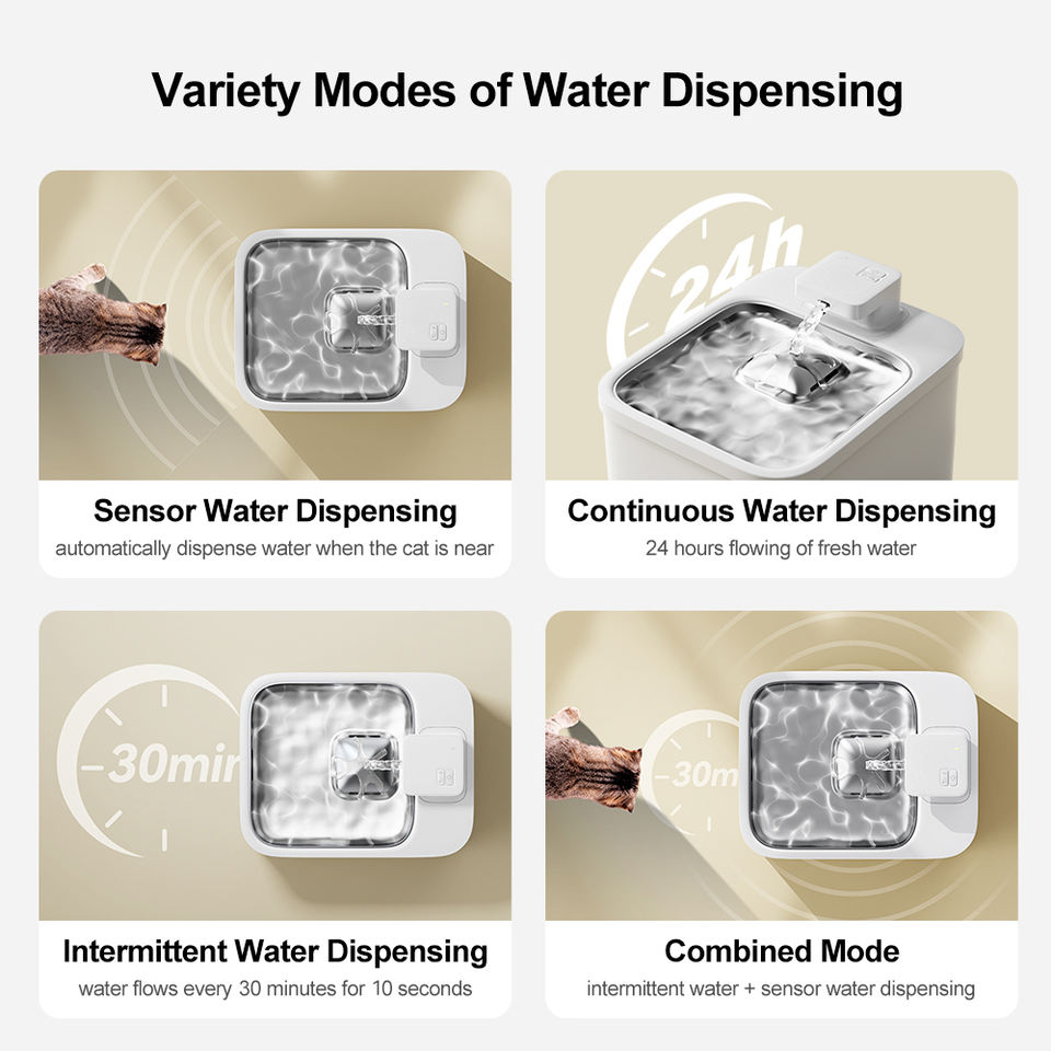 Pet water dispenser 4 dispensing modes: sensor, continuous flow, intermittent, and manual sensor output for 2.5L smart pet water fountain for cats and dogs