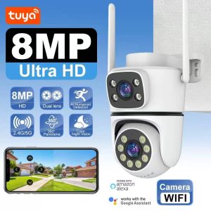 Tuya 8MP dual lens outdoor security camera WiFi 6 color night vision 360 PTZ IP66 waterproof