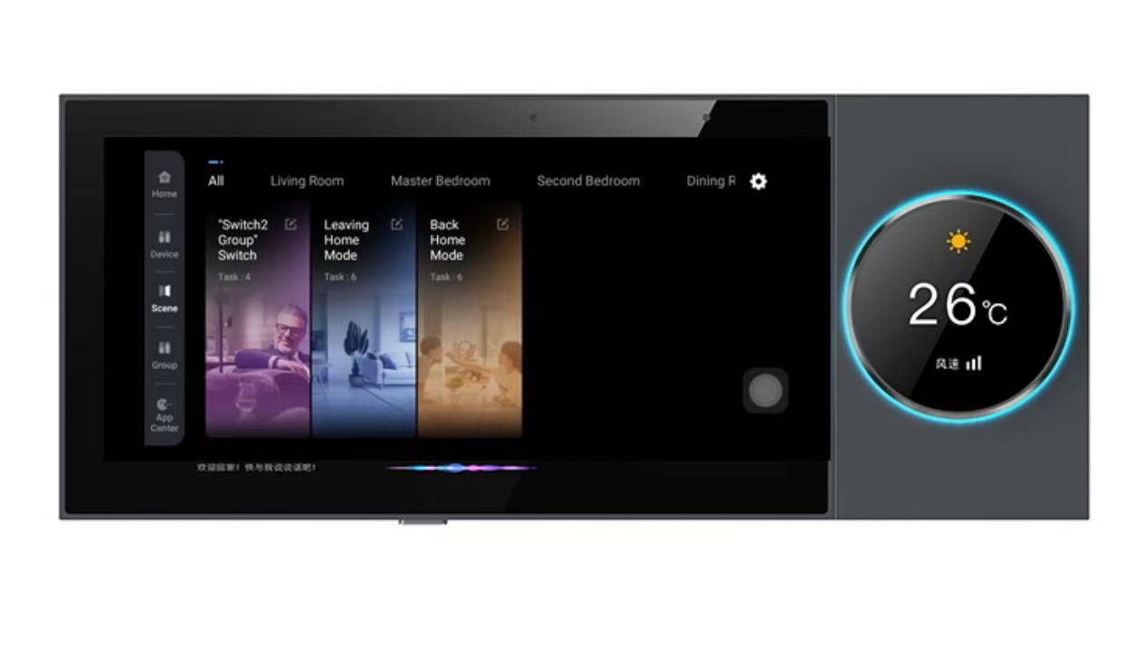 Xingliao smart home panel music player and scene control interface with room management