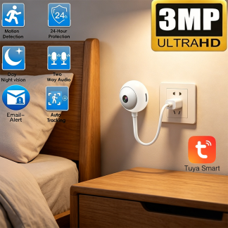 Tuya USB camera with 3MP 2K resolution, dual-light night vision, human detection, Tuya app and wall-mount bracket