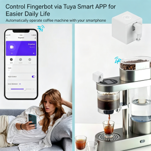Smart finger robot automating coffee maker with Tuya APP, morning routine scene