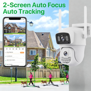 Dual-screen auto focus auto tracking security camera with Hi Easy app, gun-ball design, human detection tracking