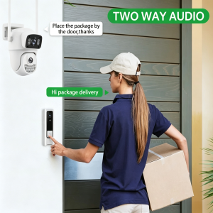 Two way audio security camera, delivery person talking to homeowner via camera intercom